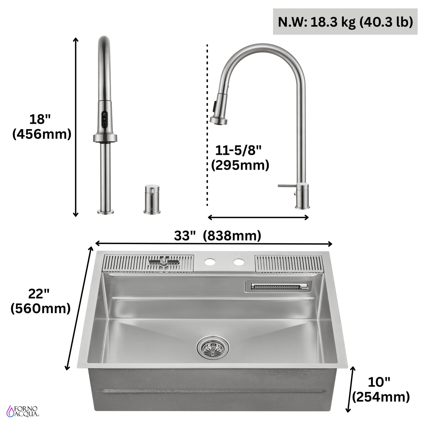 FORNO ACQUA 33 in. Drop-In/Undermount 3 Level Workstation Sink with Faucet, Waterfall & Glass Rinser