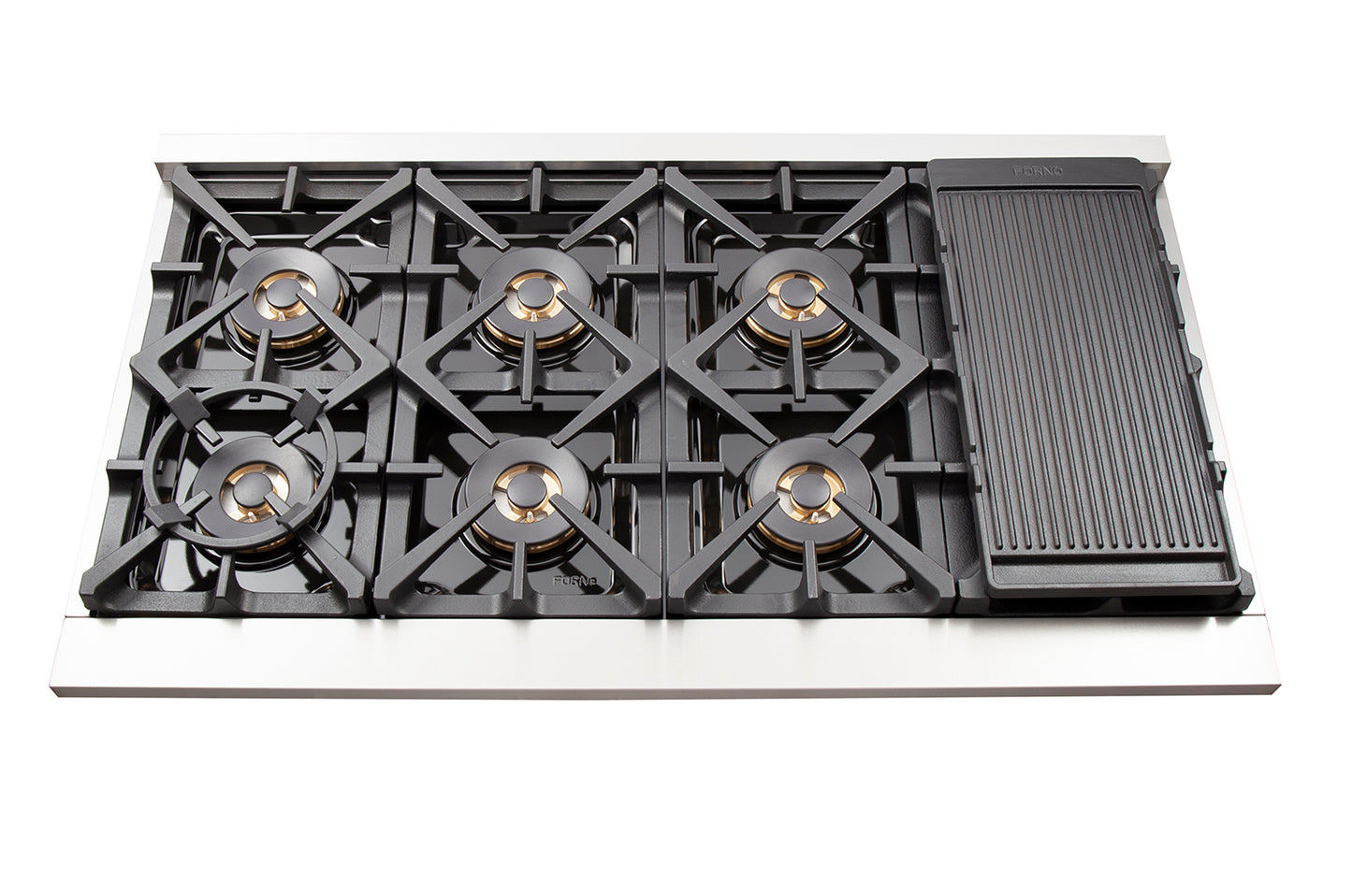 FORNO Capriasca 48-inch Gas Range Stainless Steel, 8 Brass Burners 160,000 BTU, 6.58 cu.ft. Double Oven, Red Doors