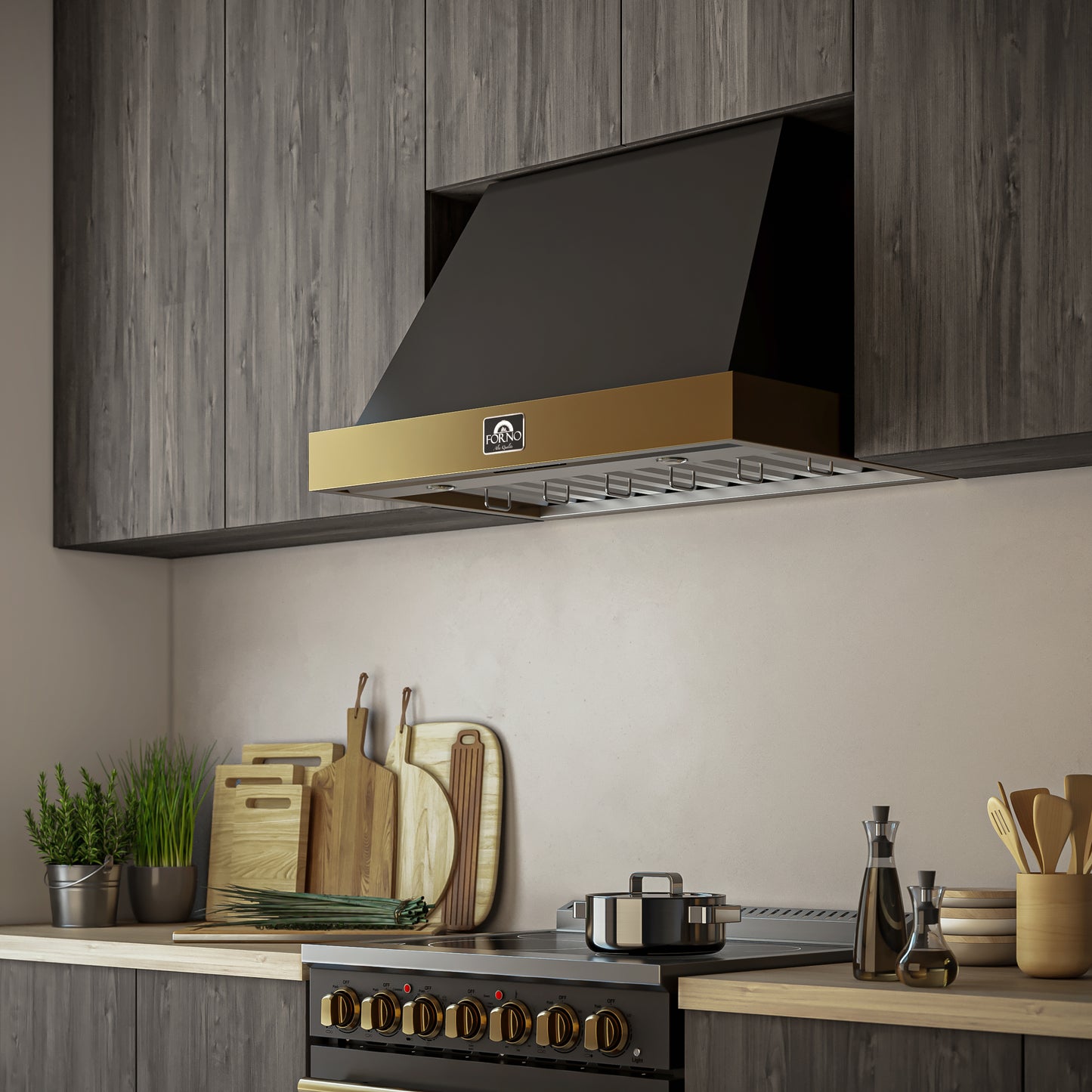 Forno Vittorio 36-Inch Wall Mount Range Hood, Black with Antique Brass Trim, 424 CFM Airflow, Dishwasher-Safe Baffle Filters, Remote Control, 3-Speed Fan, Bright LED Lighting.