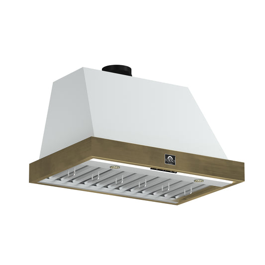 Forno Vittorio 36-Inch Wall Mount Range Hood, White with Antique Brass Trim, 424 CFM Airflow, Dishwasher-Safe Baffle Filters, Remote Control, 3-Speed Fan, Bright LED Lighting.