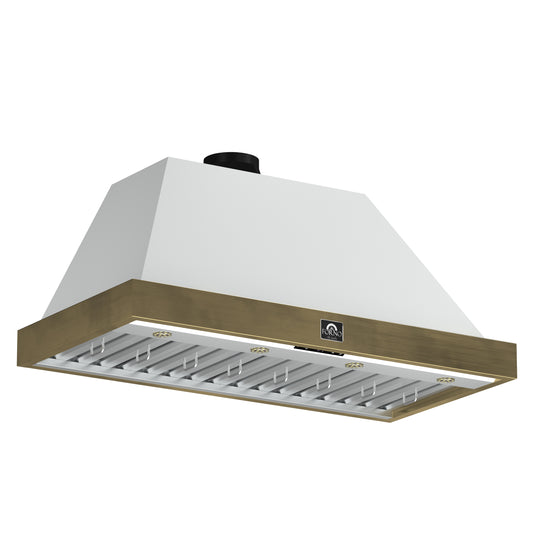 Forno Vittorio 48-Inch Wall Mount Range Hood, White with Antique Brass Trim, 424 CFM Airflow, Dishwasher-Safe Baffle Filters, Remote Control, 3-Speed Fan, Bright LED Lighting
