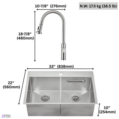 FORNO ACQUA 33 in. Drop-In/Undermount 50/50 Double Bowl Stainless Steel Sink with Faucet & Waterfall