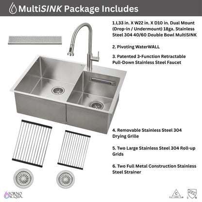 FORNO ACQUA 33 in. Drop-In/Undermount 40/60 Double Bowl Sink with Retractable Faucet & Waterfall