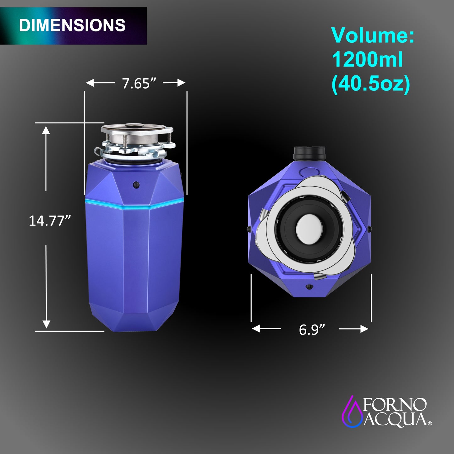FORNO ACQUA BrightDIAMOND Amethyst 3/4HP Super Quiet Garbage Disposal Corded with Motion Sensor Cabinet Light & Pre-Wired Air Switch