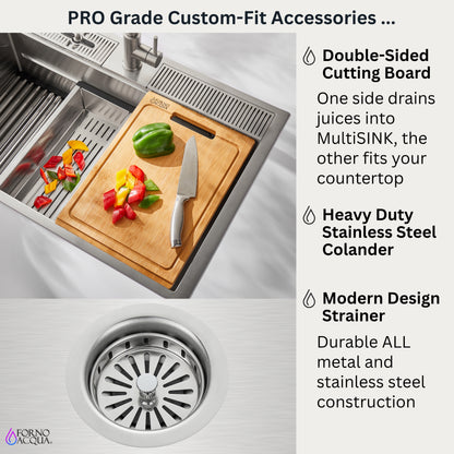 FORNO ACQUA 33 in. Drop-In/Undermount 3-Level Workstation Sink with Waterfall Faucet & Glass Rinser