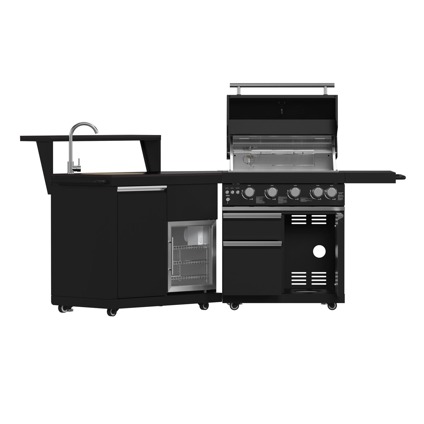 Forno All’Aperto 62,600 BTU BBQ, 3 Stainless Steel Burners, Infrared Burners, Sink Module, Black Sintered Stone Countertops, Bar and Beverage Center