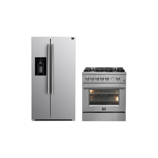 FORNO Premium 2-Piece Kitchen Bundle - Giovanni 30-inch Gas Range Stainless Steel, Forno Salerno 36" Side by Side Stainless Steel Refrigerator 20 cu.ft - FBDL-020-03CAUS