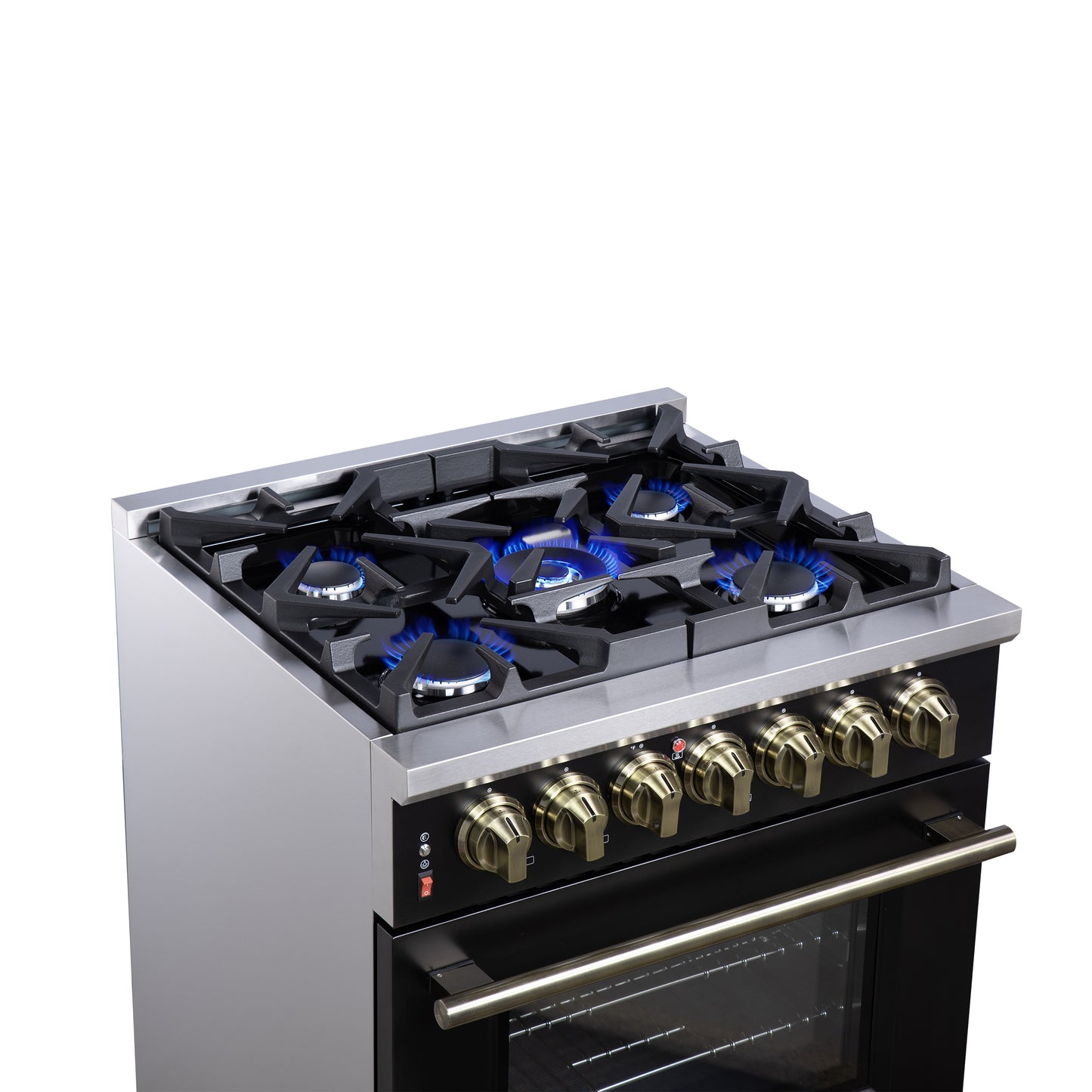 Massimo 30 Inch Dual Fuel Range in Black with Air Fryer Basket, True Convection Oven, Matte Cast Iron Grates, and Antique Brass Handles