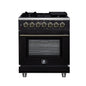 Massimo 30 Inch Dual Fuel Range in Black with Air Fryer Basket, True Convection Oven, Matte Cast Iron Grates, and Antique Brass Handles