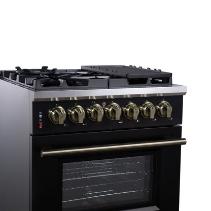 Massimo 30 Inch Dual Fuel Range in Black with Air Fryer Basket, True Convection Oven, Matte Cast Iron Grates, and Antique Brass Handles