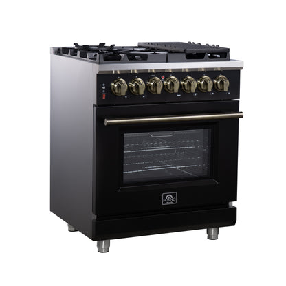 Massimo 30 Inch Dual Fuel Range in Black with Air Fryer Basket, True Convection Oven, Matte Cast Iron Grates, and Antique Brass Handles