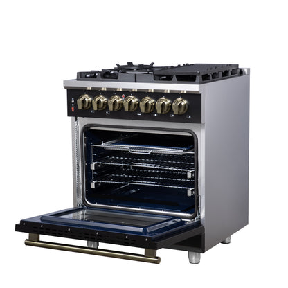 Massimo 30 Inch Dual Fuel Range in Black with Air Fryer Basket, True Convection Oven, Matte Cast Iron Grates, and Antique Brass Handles