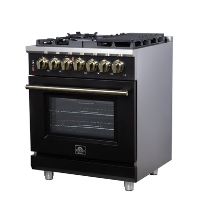 Massimo 30 Inch Dual Fuel Range in Black with Air Fryer Basket, True Convection Oven, Matte Cast Iron Grates, and Antique Brass Handles