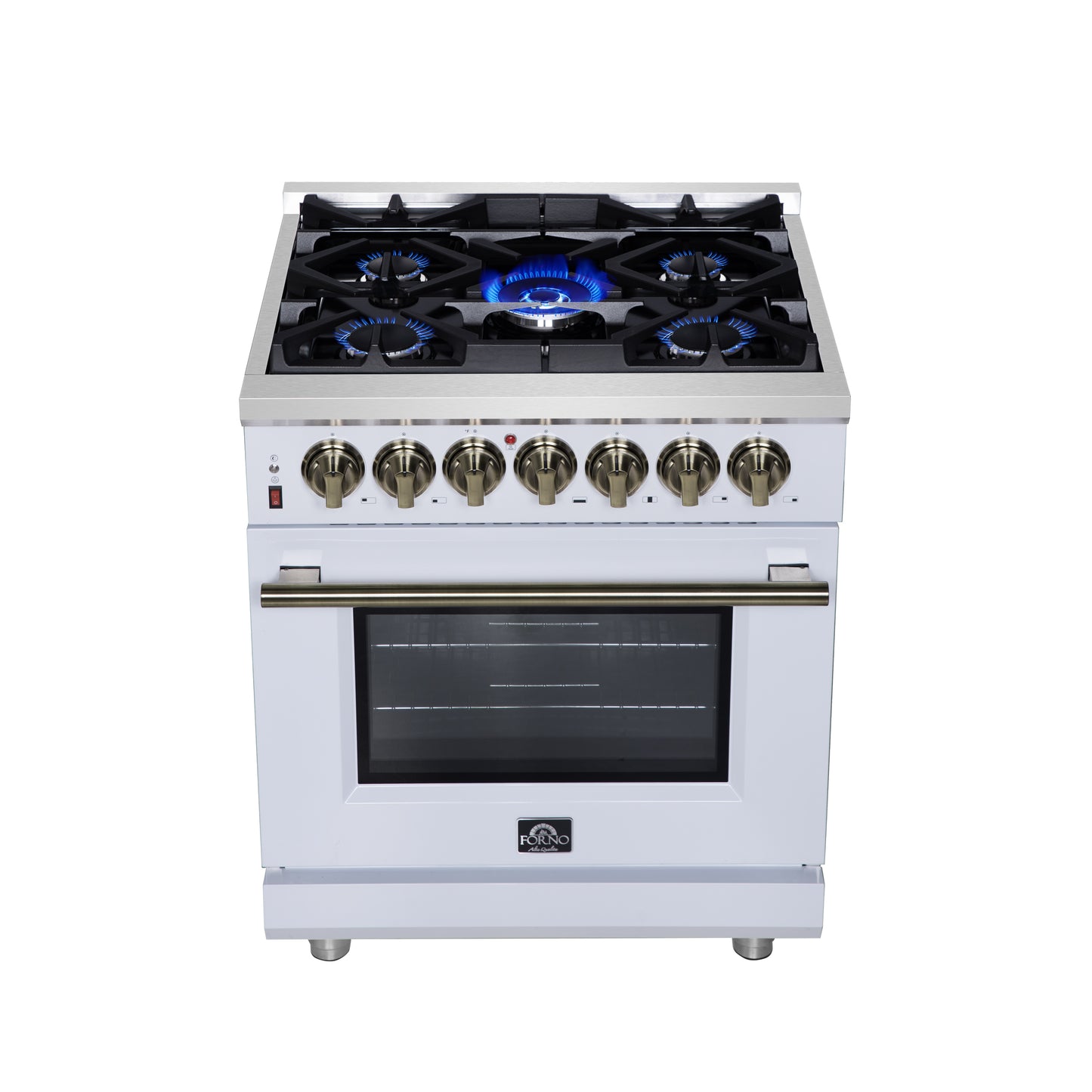 Massimo 30 Inch Dual Fuel Range in White with Air Fryer Basket, True Convection Oven, Matte Cast Iron Grates, and Antique Brass Handles