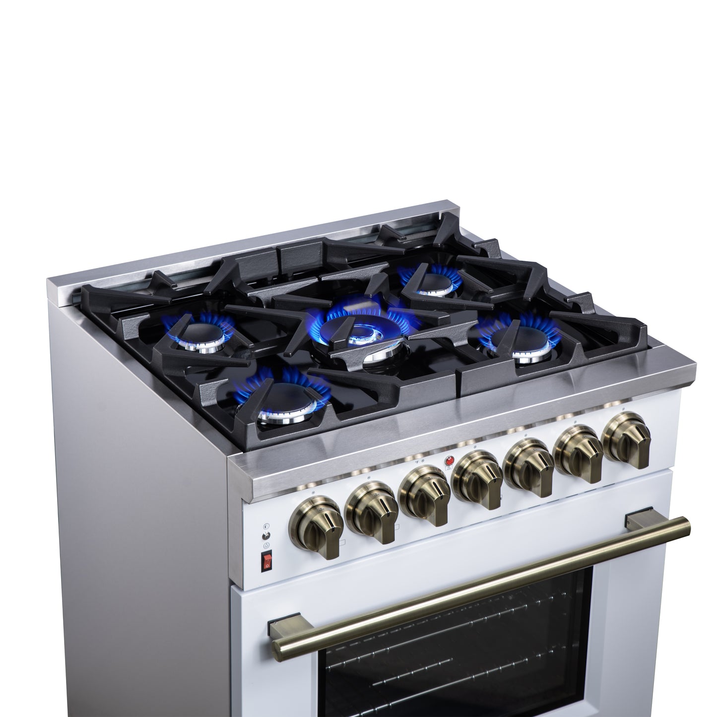 Massimo 30 Inch Dual Fuel Range in White with Air Fryer Basket, True Convection Oven, Matte Cast Iron Grates, and Antique Brass Handles