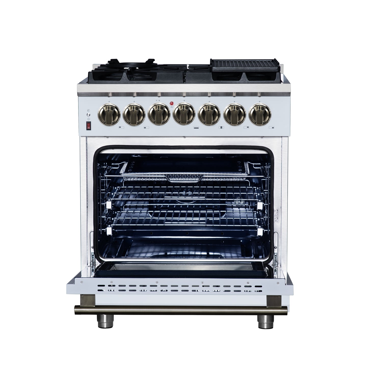 Massimo 30 Inch Dual Fuel Range in White with Air Fryer Basket, True Convection Oven, Matte Cast Iron Grates, and Antique Brass Handles