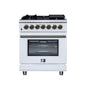 Massimo 30 Inch Dual Fuel Range in White with Air Fryer Basket, True Convection Oven, Matte Cast Iron Grates, and Antique Brass Handles