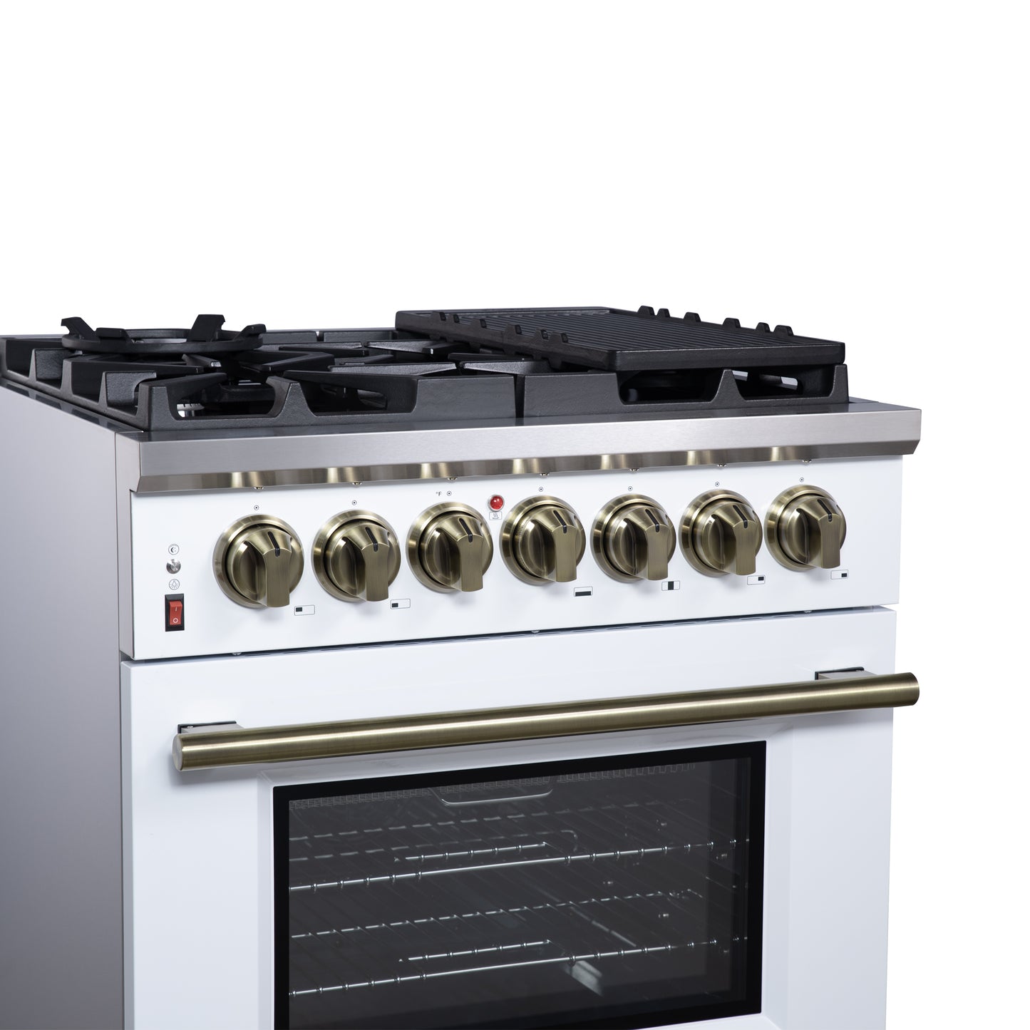 Massimo 30 Inch Dual Fuel Range in White with Air Fryer Basket, True Convection Oven, Matte Cast Iron Grates, and Antique Brass Handles