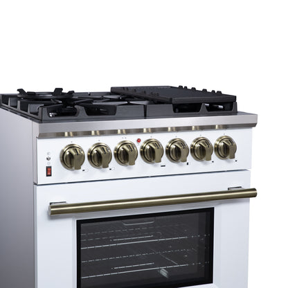 Massimo 30 Inch Dual Fuel Range in White with Air Fryer Basket, True Convection Oven, Matte Cast Iron Grates, and Antique Brass Handles