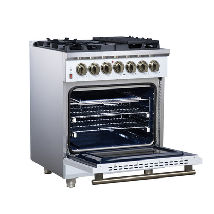 Massimo 30 Inch Dual Fuel Range in White with Air Fryer Basket, True Convection Oven, Matte Cast Iron Grates, and Antique Brass Handles