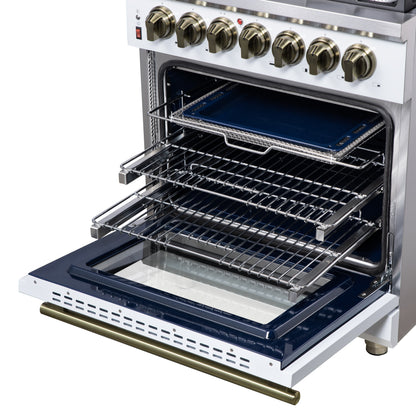 Massimo 30 Inch Dual Fuel Range in White with Air Fryer Basket, True Convection Oven, Matte Cast Iron Grates, and Antique Brass Handles