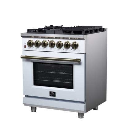 Massimo 30 Inch Dual Fuel Range in White with Air Fryer Basket, True Convection Oven, Matte Cast Iron Grates, and Antique Brass Handles