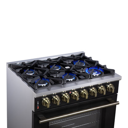 Massimo 36 Inch Dual Fuel Range in Black with Air Fryer Basket, True Convection Oven, Matte Cast Iron Grates, and Antique Brass Handles