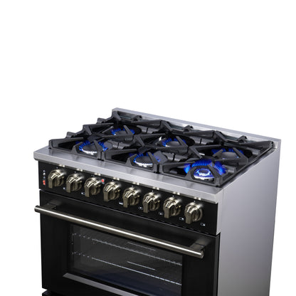 Massimo 36 Inch Dual Fuel Range in Black with Air Fryer Basket, True Convection Oven, Matte Cast Iron Grates, and Antique Brass Handles