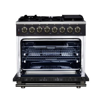 Massimo 36 Inch Dual Fuel Range in Black with Air Fryer Basket, True Convection Oven, Matte Cast Iron Grates, and Antique Brass Handles