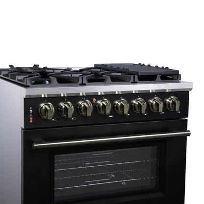 Massimo 36 Inch Dual Fuel Range in Black with Air Fryer Basket, True Convection Oven, Matte Cast Iron Grates, and Antique Brass Handles