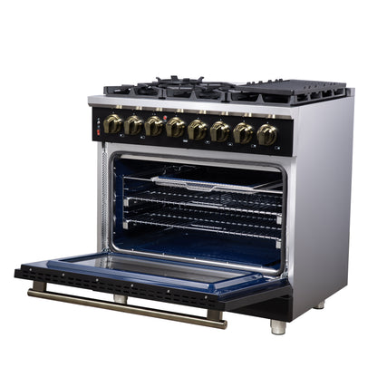 Massimo 36 Inch Dual Fuel Range in Black with Air Fryer Basket, True Convection Oven, Matte Cast Iron Grates, and Antique Brass Handles