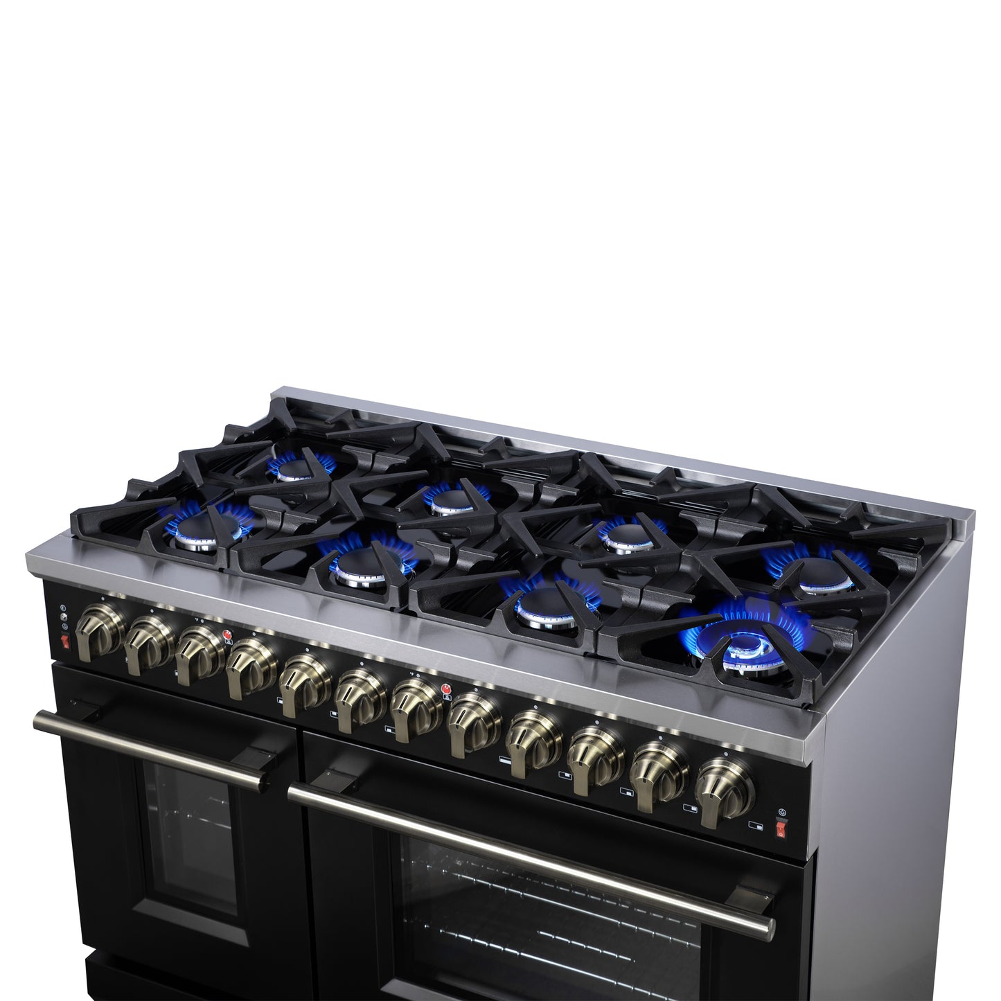 Massimo 48 Inch Dual Fuel Range in Black with Air Fryer Basket, True Convection Oven, Matte Cast Iron Grates, and Antique Brass Handles
