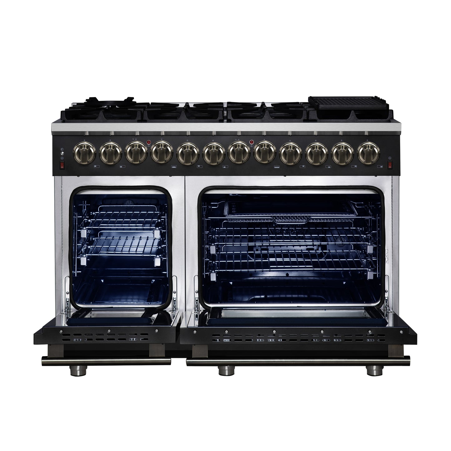 Massimo 48 Inch Dual Fuel Range in Black with Air Fryer Basket, True Convection Oven, Matte Cast Iron Grates, and Antique Brass Handles