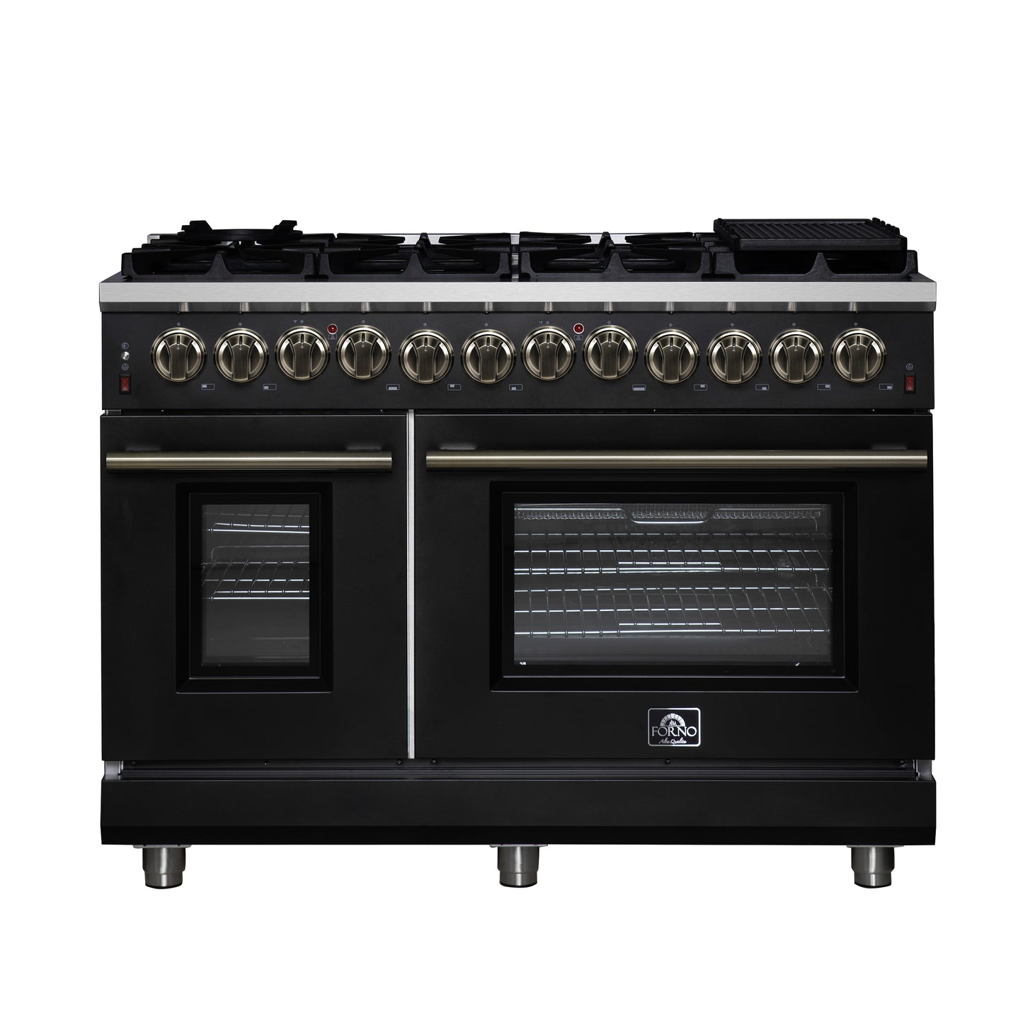 Massimo 48 Inch Dual Fuel Range in Black with Air Fryer Basket, True Convection Oven, Matte Cast Iron Grates, and Antique Brass Handles