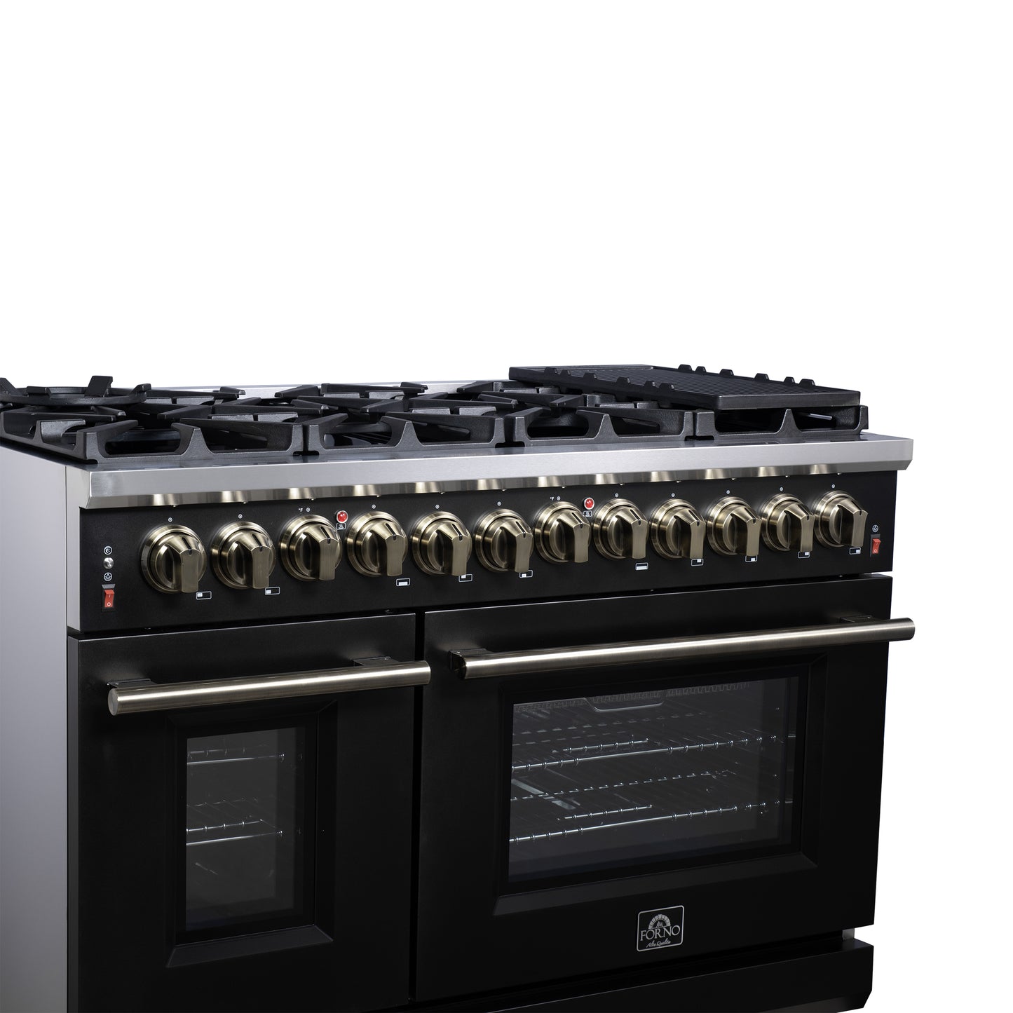 Massimo 48 Inch Dual Fuel Range in Black with Air Fryer Basket, True Convection Oven, Matte Cast Iron Grates, and Antique Brass Handles