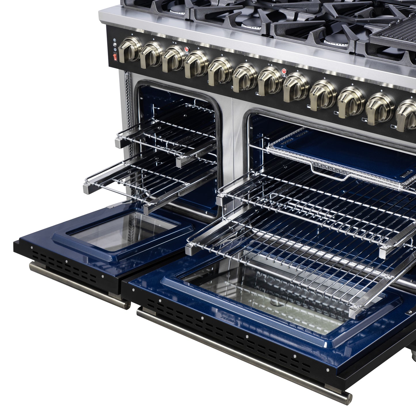 Massimo 48 Inch Dual Fuel Range in Black with Air Fryer Basket, True Convection Oven, Matte Cast Iron Grates, and Antique Brass Handles