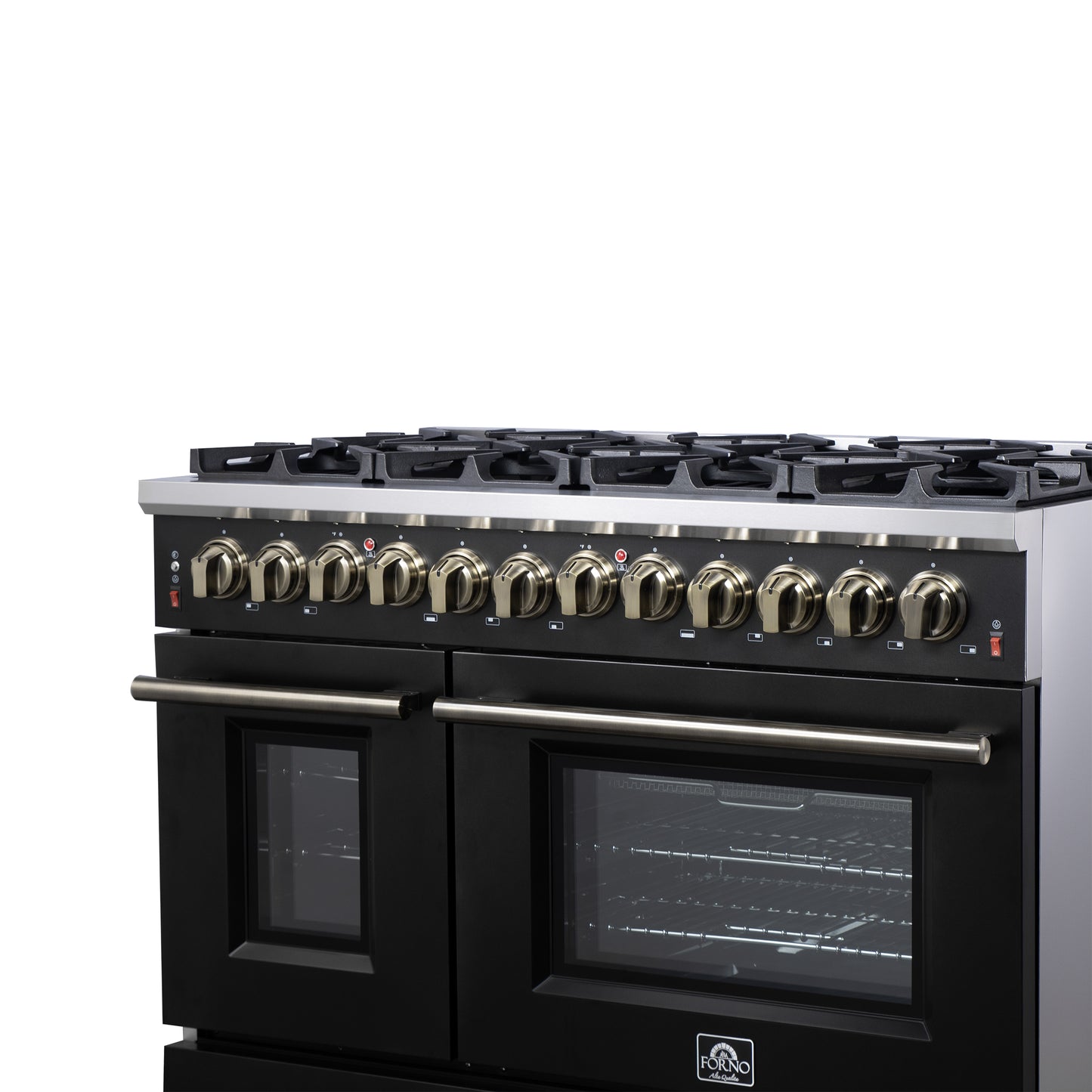 Massimo 48 Inch Dual Fuel Range in Black with Air Fryer Basket, True Convection Oven, Matte Cast Iron Grates, and Antique Brass Handles