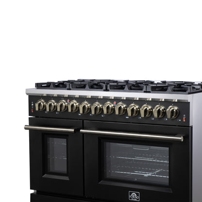 Massimo 48 Inch Dual Fuel Range in Black with Air Fryer Basket, True Convection Oven, Matte Cast Iron Grates, and Antique Brass Handles