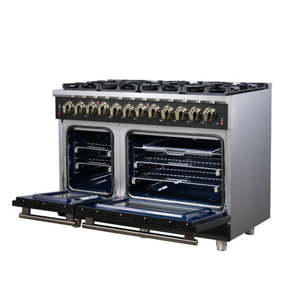 Massimo 48 Inch Dual Fuel Range in Black with Air Fryer Basket, True Convection Oven, Matte Cast Iron Grates, and Antique Brass Handles