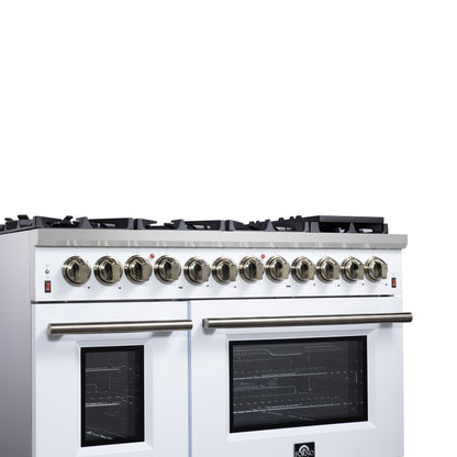 Massimo 48 Inch Dual Fuel Range in White with Air Fryer Basket, True Convection Oven, Matte Cast Iron Grates, and Antique Brass Handles
