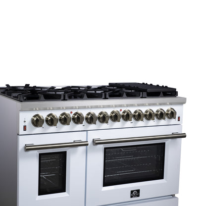 Massimo 48 Inch Dual Fuel Range in White with Air Fryer Basket, True Convection Oven, Matte Cast Iron Grates, and Antique Brass Handles