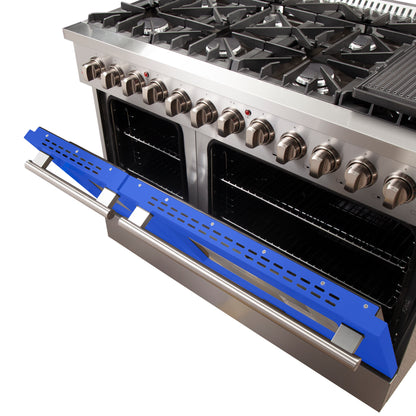 Forno Galiano 48-Inch Freestanding Dual Fuel Range, 8 Burners, Double Convection Ovens, Blue Doors