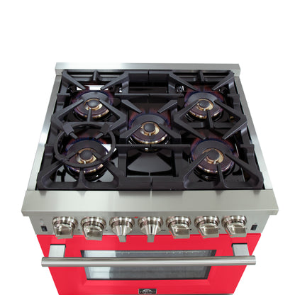 Forno Capriasca 30-Inch Freestanding Dual Fuel Range, 4 Burners, True Convection Oven, Red Door