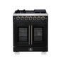 Forno Capriasca 30-Inch Freestanding French Door Dual Fuel Range in Black with Antique Brass Accessories, 5 Burners, True Convection Oven