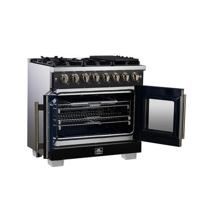 Forno Capriasca 36 Inch Freestanding French Door Dual Fuel Range in Black with Antique Brass Accessories, 6 Burners, True Convection Oven