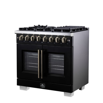 Forno Capriasca 36 Inch Freestanding French Door Dual Fuel Range in Black with Antique Brass Accessories, 6 Burners, True Convection Oven