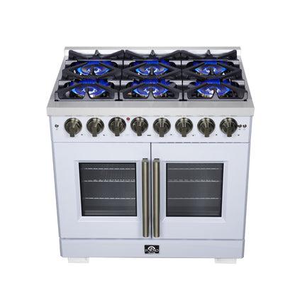 Forno Capriasca 36 Inch Freestanding French Door Dual Fuel Range in White with Antique Brass Accessories, 6 Burners, True Convection Oven