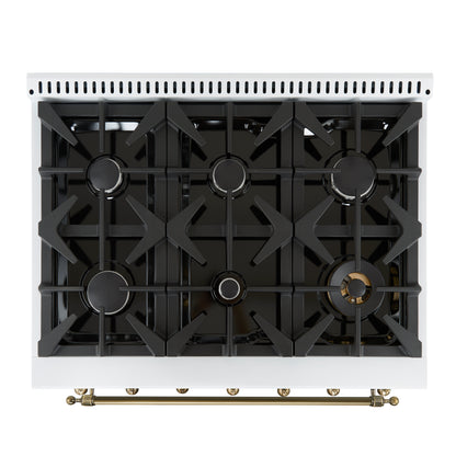 Forno Antico 36-inch Dual Fuel Range White and Antique Brass Design with 6 Sealed Gas Burners and Electric Convection Oven