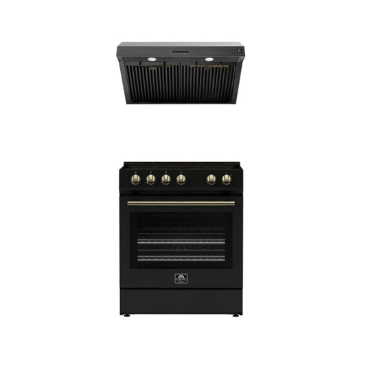 FORNO Premium 2-Piece Kitchen Bundle - Leonardo Espresso 30" Black Range, 30" Black Range Hood - FBDL-002-02CA