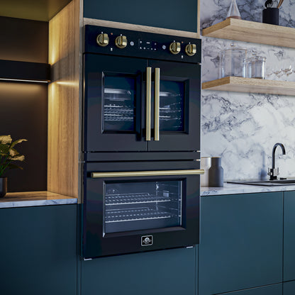 Forno Asti 30-Inch Double Electric Wall Oven with Upper French Doors in Black & Antique Brass, 7.36 cu. ft. Dual True Convection, 7,200W, Air Fry, Sous Vide, Self-Clean